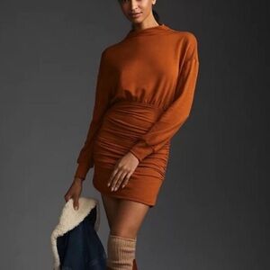 Anthro Daily Practice Burnt Orange Ruched Long Sleeve Mini Dress Size Medium